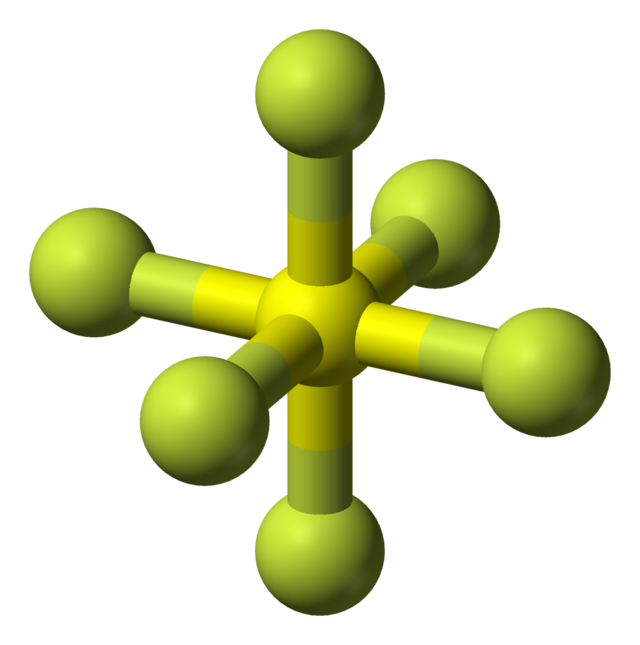Ball and stick model of sulfur hexafluoride
