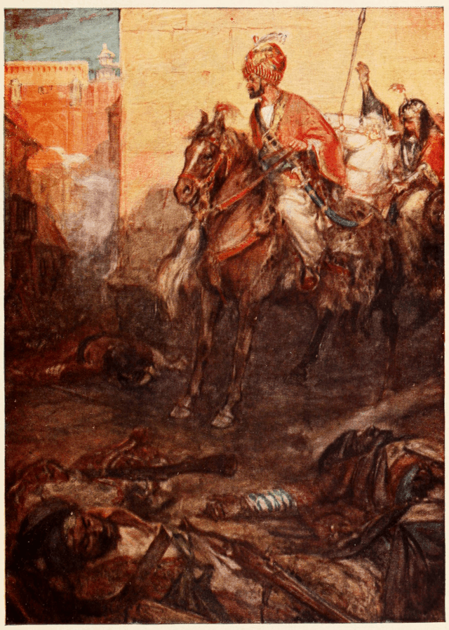 Nader Shah finds his troops had been killed in rioting. From Surridge، Victor (1909). Romance of Empire: India.