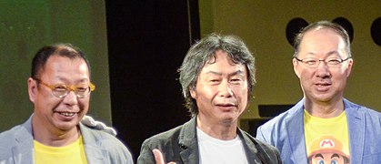 Takashi Tezuka, Shigeru Miyamoto and Kōji Kondō (cropped).jpg