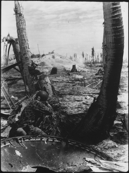 File:Taking the slim protection that a blasted tree affords, this Marine picks-off the Japanese in a pill box. A Japanese... - NARA - 532518.tif