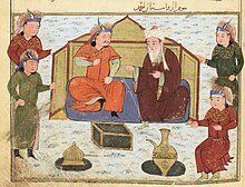 Cəmi ət-Təvarix kitabından Tekudarla Şəmsəddin Cüveyninin söhbəti təsviri.
