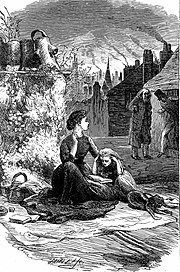Яркий передний план: в укрытии у высокой стены с цветами слева, молодая женщина сидит на одеяле с корзиной и книгами, одна защитная рука стоит за ребенком, который читает, сосредоточенно смотрит рядом с ней.  Она наблюдает, как прибывают старуха Риа и Фэндби, на заднем плане в тени справа;  на фоне крыш домов с дымовыми трубами, извергающими дым
