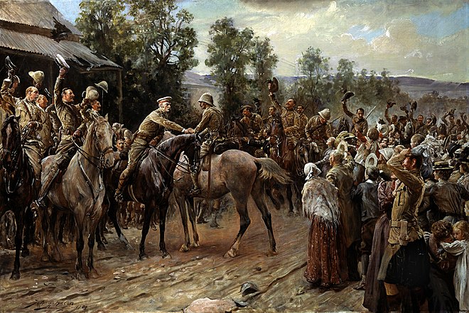The Relief of Ladysmith. Sir George White greets Lord Douglas Hamilton on 28 February 1900. Painting by John Henry Frederick Bacon.