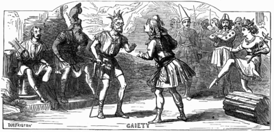 Illustration of Thespis by D. H. Friston from The Illustrated London News, 1872, shows Apollo, Mars, Jupiter, Thespis and Mercury (right) Thespis - Illustrated London News Jan 6 1872.png