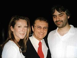 Tony Renis with Celine Dion and Andrea Bocelli in 2002. Tony Celine Bocelli.jpg