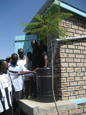 Rainwater harvesting and hand washing system for a toilet in Kenya.