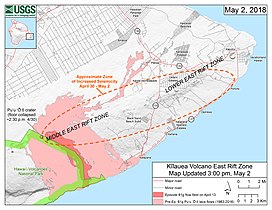 Mapa da área afetada pelas fissuras e atividades sísmicas ao longo da zona leste do Kilauea (2 de maio)