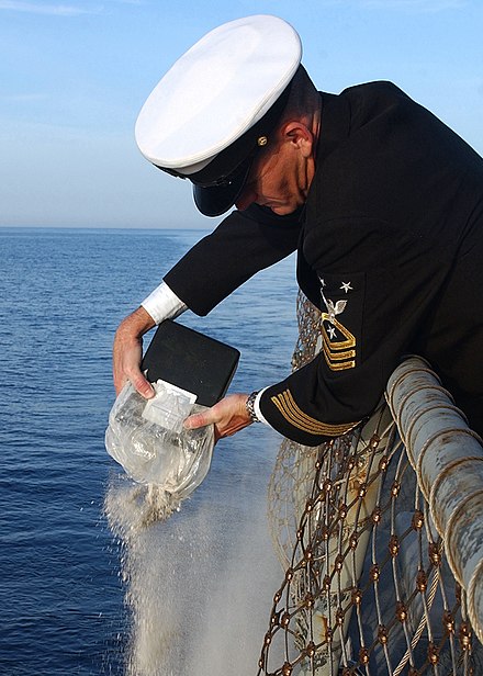 A U.S. Navy sailor scatters cremated remains at sea. Visible is the clear plastic inner bag containing the remains, and next to it the labeled black plastic box that contained the inner bag. This is normal in American packaging.