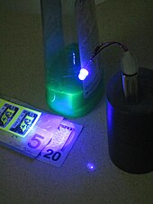 A 380 nanometer UV LED makes some common household items fluoresce. UV LED Fluoresence.jpg