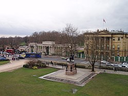 The statue of the Duke of Wellington facing Apsley House. Hyde Park Corner to the left.