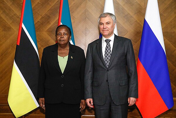 FRELIMO's Secretary for Administration and Finance Esperança Bias with Chairman of the State Duma Vyacheslav Volodin in Moscow, Russia, 26 April 2023