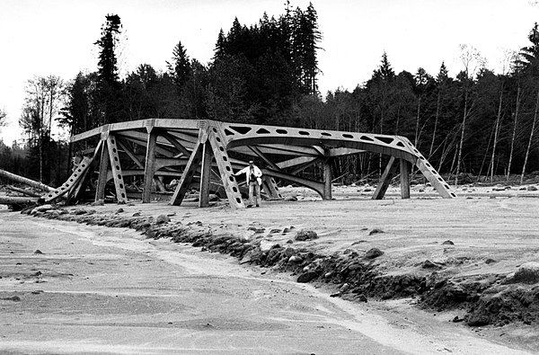 A truss bridge carrying SR 504 over the North Fork Toutle River that was destroyed by the May 1980 eruption's lahar