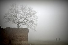 Bastione delle mura vicino a Porta Mare in un giorno di nebbia.