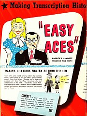 1945 advertisement for syndicated Easy Aces programs originally performed from 1937 to 1941. ZIV Company advertisement for Easy Aces radio program transcriptions (1945).jpg