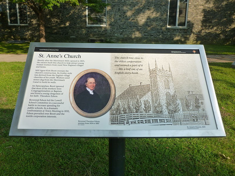 File:"Saint Anne's Church" historical panel in Lucy Larcom Park; Lowell, MA; 2011-08-20.JPG