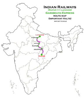 (Raipur - Lucknow) Garib Rath Express route map.png