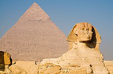 The Great Sphinx and the Pyramid of Khafre, both built in the mid-26th century BC. bw lhwl 1.jpg