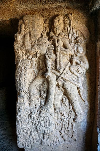 Indra on his elephant, guarding the entrance of the 1st century BCE Buddhist Cave 19 at Bhaja Caves (Maharashtra).[35]