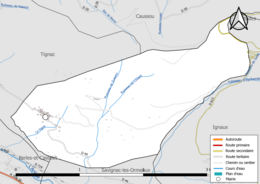 Carte en couleur présentant le réseau hydrographique de la commune