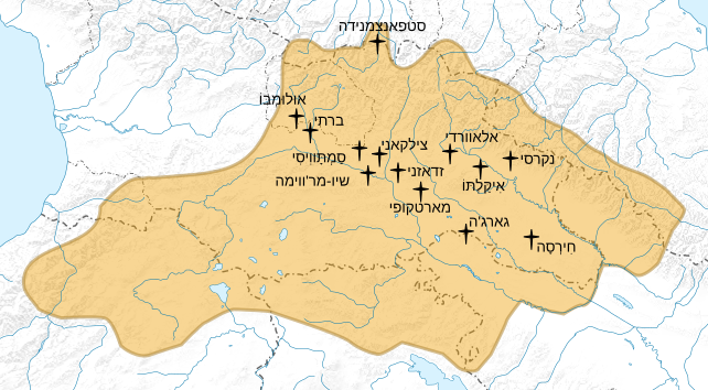 File:13 assyrian fathers' locations in mid-6th. c. Iberia.heb.svg