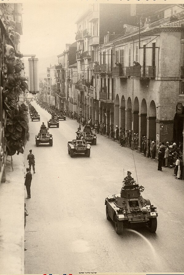 Ferret armoured cars of the 13th Parachute Dragoon Regiment parading in Constantine, Algeria, 1961.