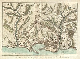 Sepia-tone map shows Genoa and its defenses in 1800.