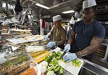 United States Navy culinary specialists preparing food in the galley of the USS Benfold (DDG-65) 180616-N-GR120-0580 (42833290852).jpg