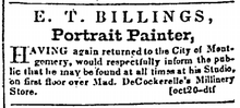 Advertisement for E. T. Billings, Montgomery, Alabama, 1851 1851 ETBillings portraits DailyAlabamaJournal Oct23.png