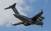 A US Air Force C-17 Globemaster III, tail 00-0171, on final approach to Kadena Air Base in Okinawa, Japan. It is assigned to the 176th Wing of the Alaska Air National Guard, and is originally from Joint Base Elmendorf–Richardson in Anchorage, Alaska.