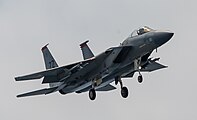 A US Air Force F-15C Eagle, tail number 83-0011, on final approach at Kadena Air Base in Okinawa, Japan. It is assigned to the 67th Fighter Squadron at Kadena AB.