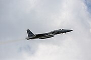 An F-15C Eagle, tail number 86-0163, taking off from RAF Lakenheath in England. The aircraft was assigned to the 493rd Fighter Squadron.