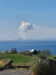 Fagradalsfjall Litli-Hrútur eruption, July 2023, a view to Gullbringusýsla region and mountain Keilir, photo (seen from Seltjarnarnes).