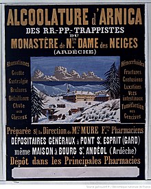 Affiche publicitaire conçue par Rouchon en 1862 pour les moines trappistes de l'Abbaye Notre-Dame-des-Neiges vantant les mérites de l'alcoolature d'Arnica des montagnes.
