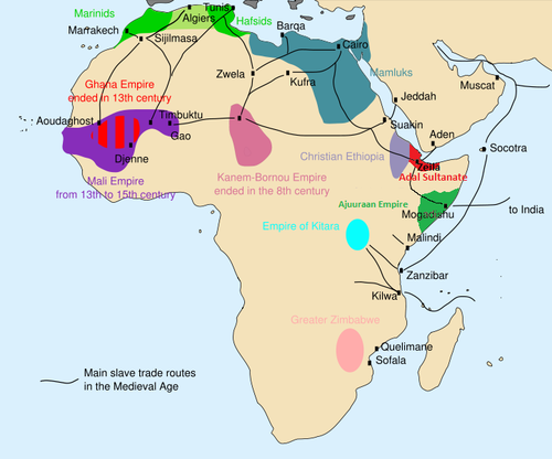 13th-century Africa – Map of the main trade routes and states, kingdoms and empires.
