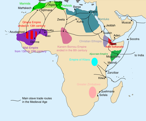 The trade routes of slaves in medieval Africa