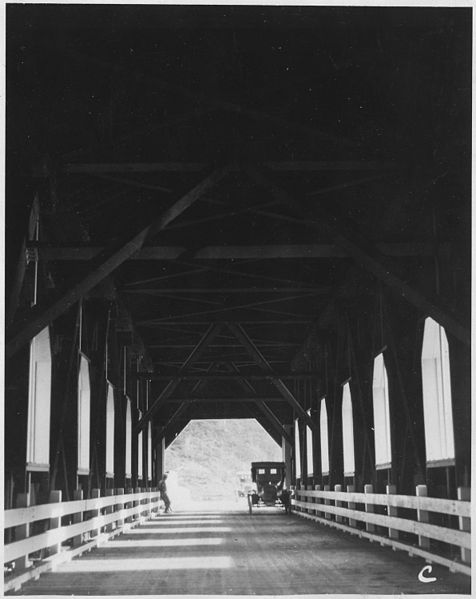 File:Alsea River Bridge, Station 60, Section 9. Looking through spans from South end. Shows stiff construction and well... - NARA - 298255.jpg