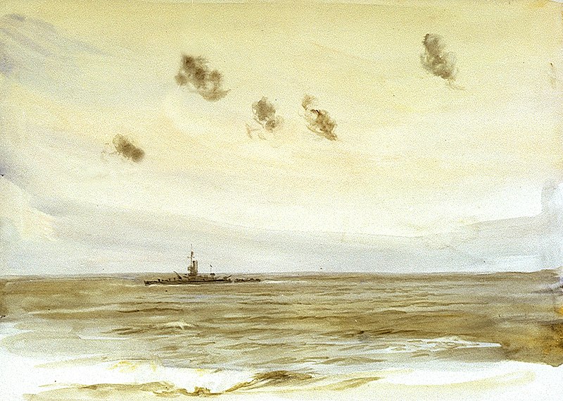 File:An 'Insect'-class gunboat with shells exploding overhead RMG PV0076.jpg