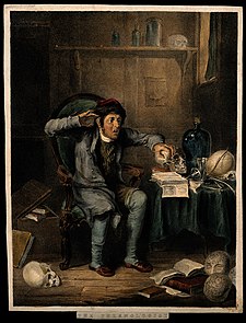 An anxious man comparing his own head to a skull, using the Wellcome V0009466.jpg