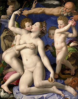 Bronzino, Venus, Cupid, Folly and Time (c. 1545): The deities of love are surrounded by personifications of (probably) Time (a bald, man with angry eyes), Folly (the young woman-demon on the right, possibly also so old woman on the left), and others.