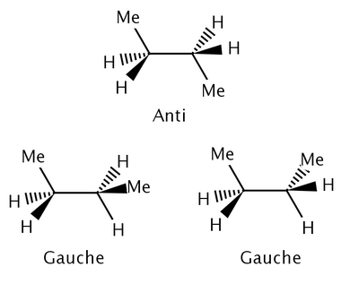 Examples of the anti and gauche conformations of butane. Anti and Gauche Butane.png