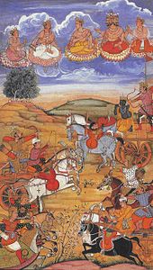 An old painting illustrating the battle scene of the Mahabharata war. Arjuna is seen fighting the Kauravas with the gods looking down at the battlefield.