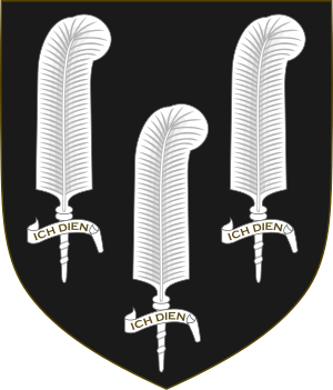 Arms of the Black Prince, Prince of Wales 1343–1376. The arms are the origin of the modern insignia of the Prince of Wales's feathers