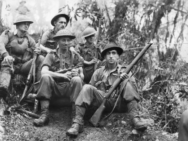 Troops from the 2/9th resting prior to joining the fighting around Shaggy Ridge, January 1944