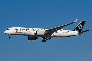 An Air China A350-900 in Star Alliance livery (with Air China's logo under Star Alliance's logo at the tail, which is very similar to the SkyTeam livery used on China Eastern Airlines, Xiamen Air, and former member China Southern Airlines).