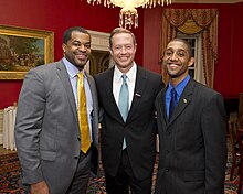 Mosby in 2012 with Governor Martin O'Malley and City Councilor Brandon Scott Baltimore City Day in Annapolis (6956224547).jpg