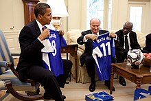Blatter with Barack Obama and Jack Warner. In the vote for the 2018 and 2022 FIFA World Cups, U.S. President Obama said that FIFA made "the wrong decision" in awarding Qatar the tournament in 2022. Barack Obama and Sepp Blatter in the Oval Office.jpg