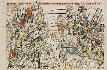 Bitwa pod Legnicą w 1241 roku. Tutaj książę Heinrich (jego wojska są po prawej stronie), syn św. Jadwigi, walczy z Tatarami na polu zwanym Wahlstatt. Wśród wojska Heinricha widać tarcze z wizerunkami polskich herbów.