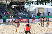 Deutsch: Beachhandball Europameisterschaften 2019 (Beach handball Euro); Tag 2: 3. Juli 2019 – Frauen, Vorrunde Gruppe C, Spanien-Griechenland 2:1 (12:20, 18:16; 8:2) English: Beach handball Euro; Day 2: 3 July 2019 – Women Preliminary Round Group C – Spain-Greece 2:1 (12:20, 18:16; 8:2)