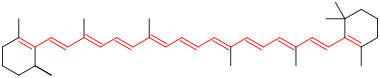 Beta-carotene, with the eleven double bonds highlighted.