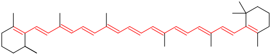 Chemical structure of beta-carotene. The eleven conjugated double bonds that form the chromophore of the molecule are highlighted in red. Beta-Carotene conjugation.svg